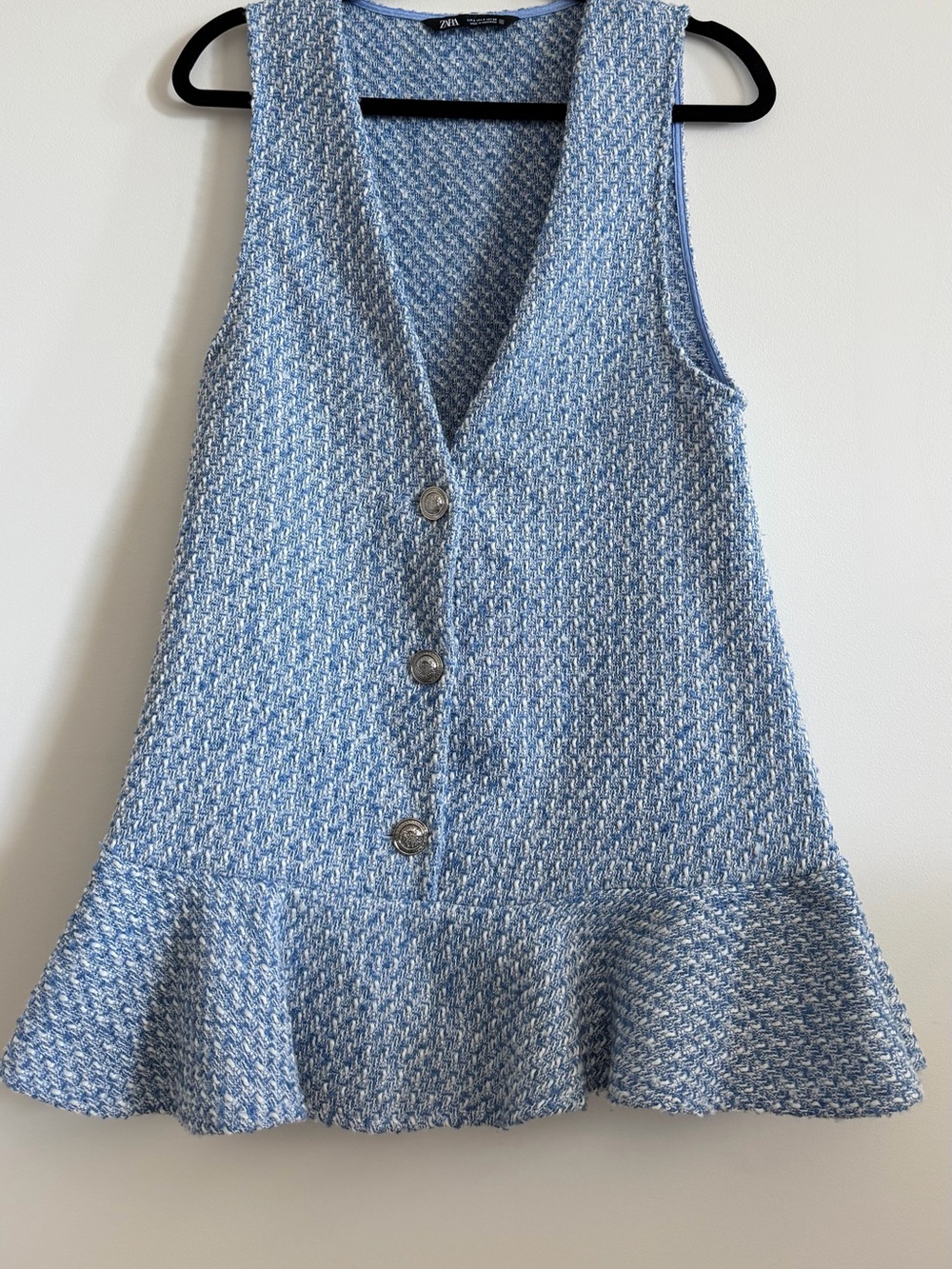 Zara Small Blue Textured Knit Button-Front Ruffle Dress